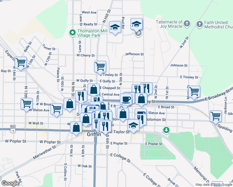 map of restaurants, bars, coffee shops, grocery stores, and more near 219 East Central Avenue in Griffin