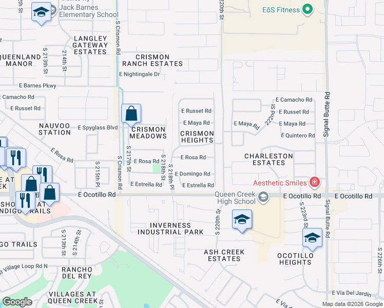 map of restaurants, bars, coffee shops, grocery stores, and more near 21911 East Escalante Road in Queen Creek