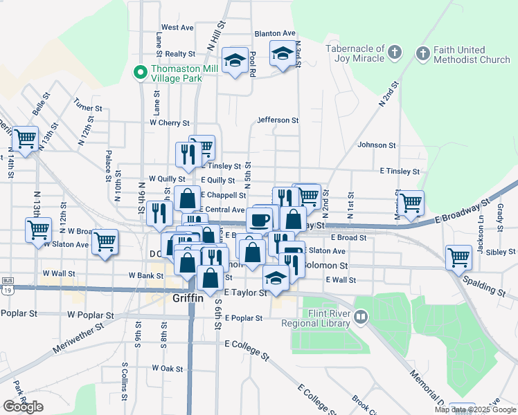 map of restaurants, bars, coffee shops, grocery stores, and more near 315 East Central Avenue in Griffin