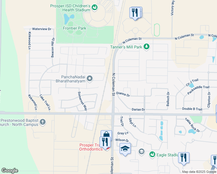 map of restaurants, bars, coffee shops, grocery stores, and more near 2272-2482 North Coleman Street in Prosper