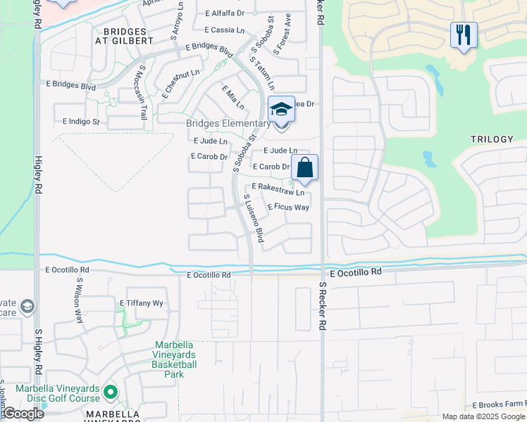 map of restaurants, bars, coffee shops, grocery stores, and more near 5413 South Forest Avenue in Gilbert