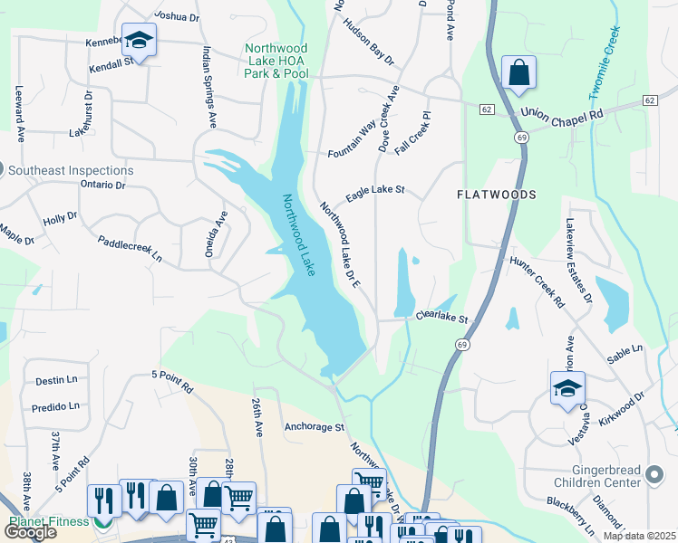 map of restaurants, bars, coffee shops, grocery stores, and more near 4709 Northwood Lake Drive in Northport