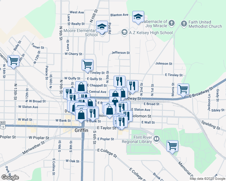 map of restaurants, bars, coffee shops, grocery stores, and more near 315 East Central Avenue in Griffin