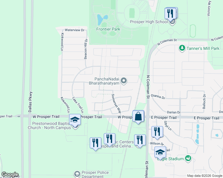 map of restaurants, bars, coffee shops, grocery stores, and more near 531 Timber Ridge Road in Prosper