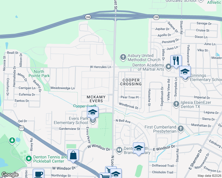 map of restaurants, bars, coffee shops, grocery stores, and more near 3601 Skelton Street in Denton