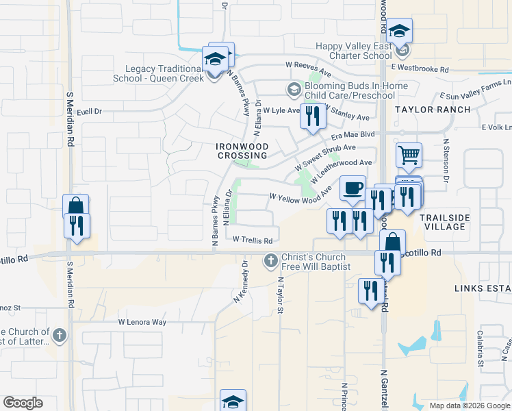 map of restaurants, bars, coffee shops, grocery stores, and more near 757 West Yellow Wood Avenue in San Tan Valley