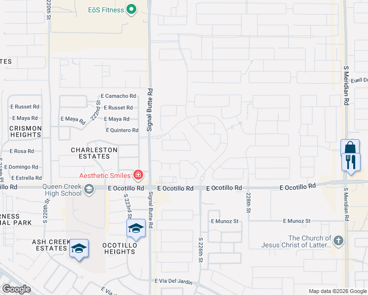 map of restaurants, bars, coffee shops, grocery stores, and more near 22560 East Rosa Road in Queen Creek