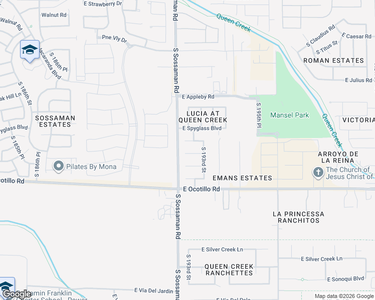 map of restaurants, bars, coffee shops, grocery stores, and more near 19279 East Escalante Road in Queen Creek