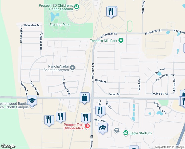 map of restaurants, bars, coffee shops, grocery stores, and more near 2272 North Coleman Street in Prosper
