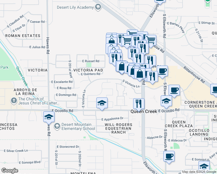 map of restaurants, bars, coffee shops, grocery stores, and more near 20383 East Escalante Road in Queen Creek