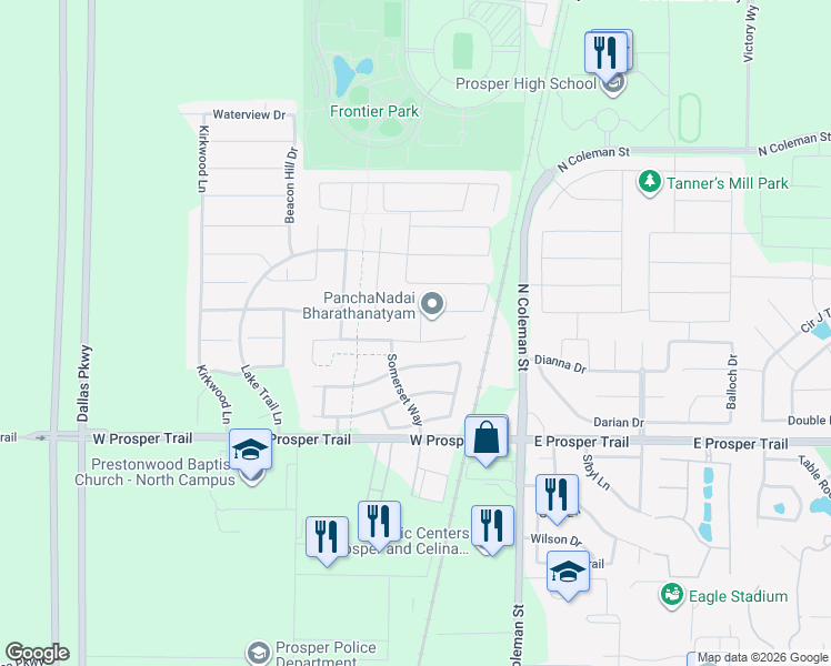 map of restaurants, bars, coffee shops, grocery stores, and more near 401 Timber Ridge Road in Prosper