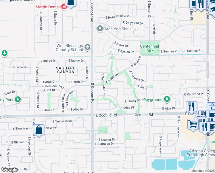 map of restaurants, bars, coffee shops, grocery stores, and more near 2140 East Iris Drive in Chandler