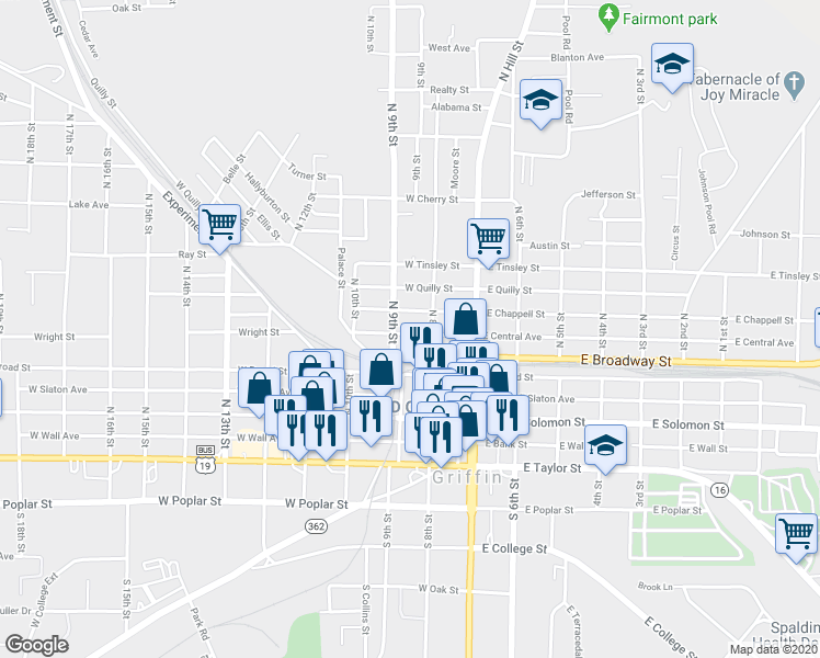 map of restaurants, bars, coffee shops, grocery stores, and more near 228 West Chappell Street in Griffin