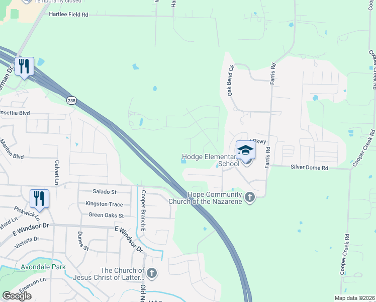 map of restaurants, bars, coffee shops, grocery stores, and more near 3474 North Loop 288 in Denton