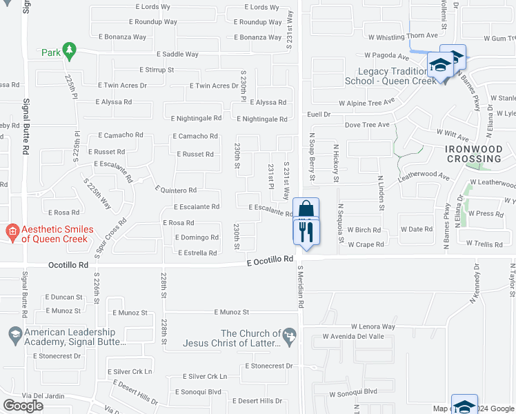 map of restaurants, bars, coffee shops, grocery stores, and more near 20403 East Escalante Road in Queen Creek