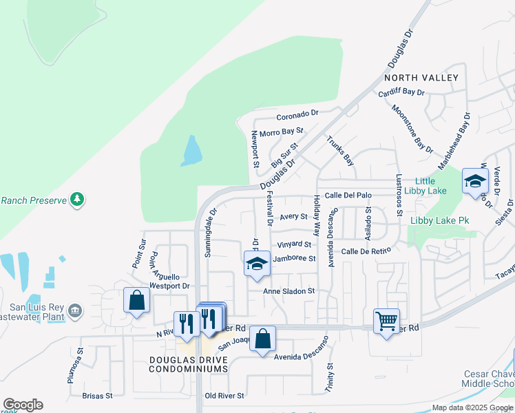 map of restaurants, bars, coffee shops, grocery stores, and more near 800 Foxwood Drive in Oceanside