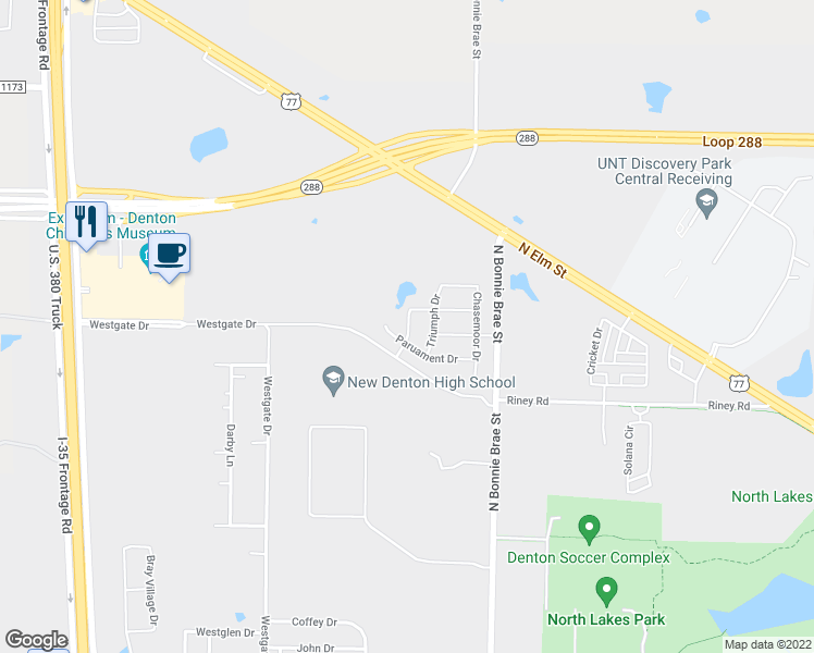 map of restaurants, bars, coffee shops, grocery stores, and more near 3310 North Bonnie Brae Street in Denton