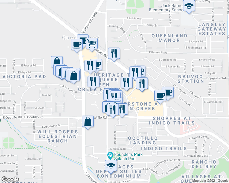 map of restaurants, bars, coffee shops, grocery stores, and more near 20850 East Heritage in Queen Creek