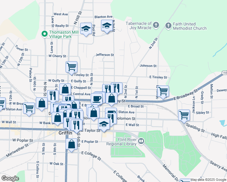 map of restaurants, bars, coffee shops, grocery stores, and more near 412 East Chappell Street in Griffin