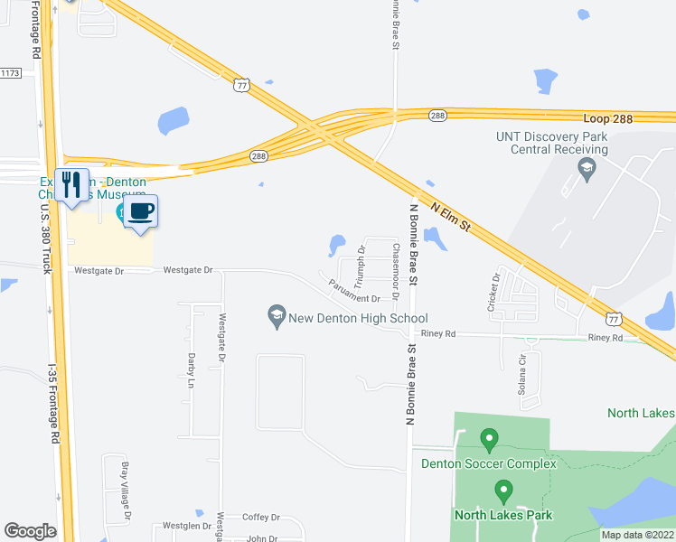 map of restaurants, bars, coffee shops, grocery stores, and more near 3310 North Bonnie Brae Street in Denton