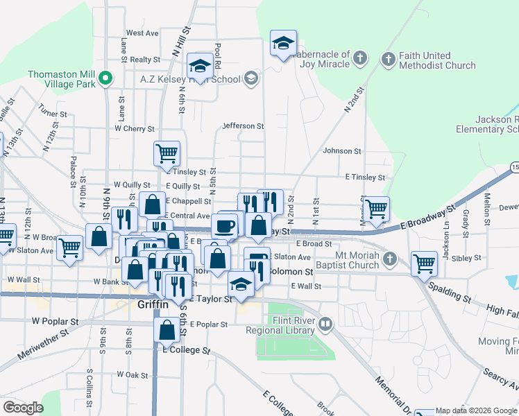 map of restaurants, bars, coffee shops, grocery stores, and more near 412 East Chappell Street in Griffin