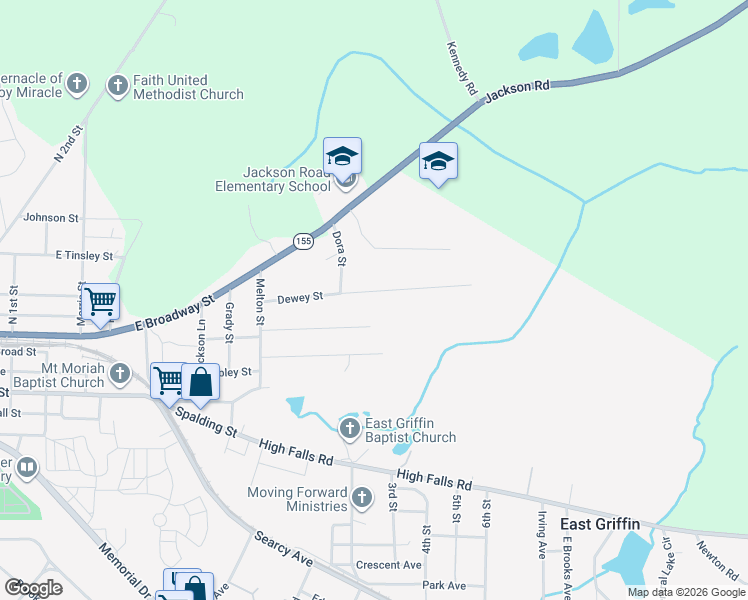 map of restaurants, bars, coffee shops, grocery stores, and more near 1206 Dewey Street in Griffin