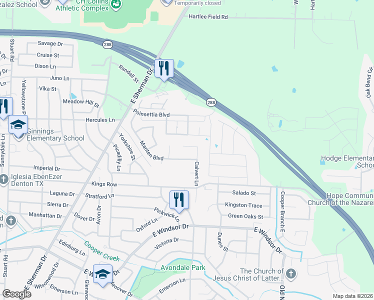 map of restaurants, bars, coffee shops, grocery stores, and more near 1812 Le Sage Court in Denton