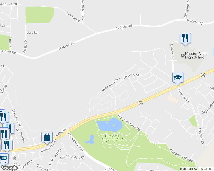 map of restaurants, bars, coffee shops, grocery stores, and more near 5388 Gooseberry Way in Oceanside