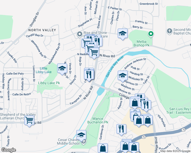 map of restaurants, bars, coffee shops, grocery stores, and more near 4933 North River Road in Oceanside