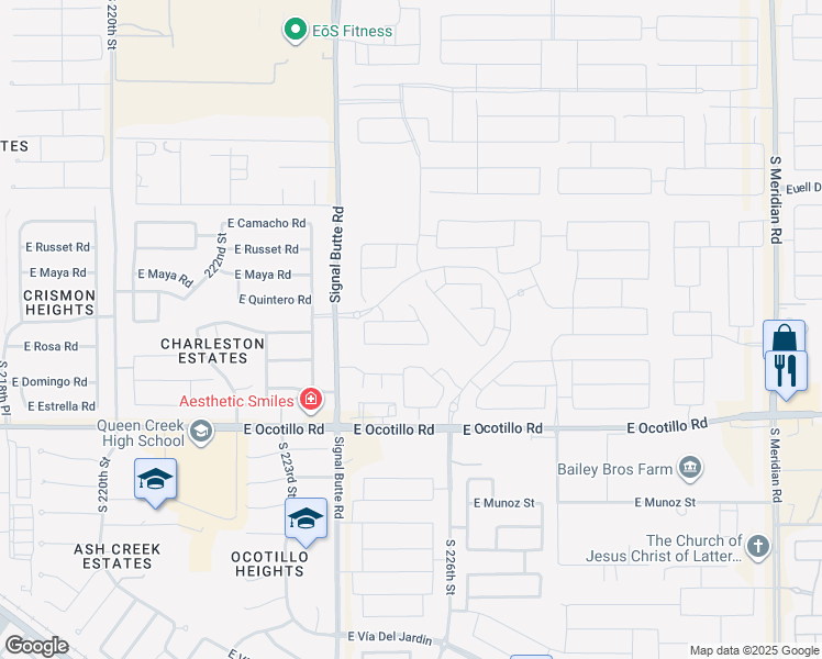 map of restaurants, bars, coffee shops, grocery stores, and more near 22560 East Rosa Road in Queen Creek