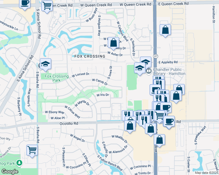 map of restaurants, bars, coffee shops, grocery stores, and more near 362 West Carob Drive in Chandler