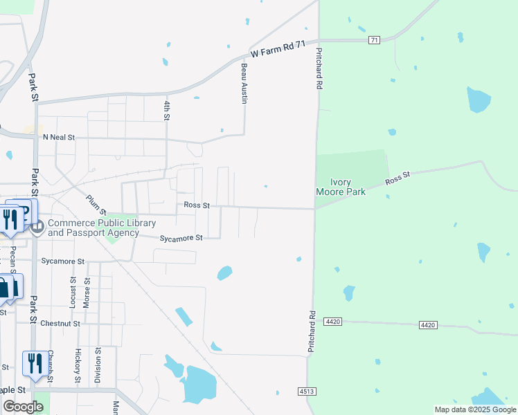 map of restaurants, bars, coffee shops, grocery stores, and more near 1201 Kennie Drive in Commerce