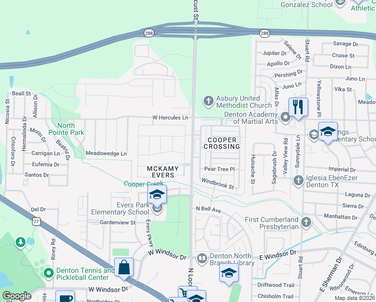 map of restaurants, bars, coffee shops, grocery stores, and more near 3601 Skelton Street in Denton