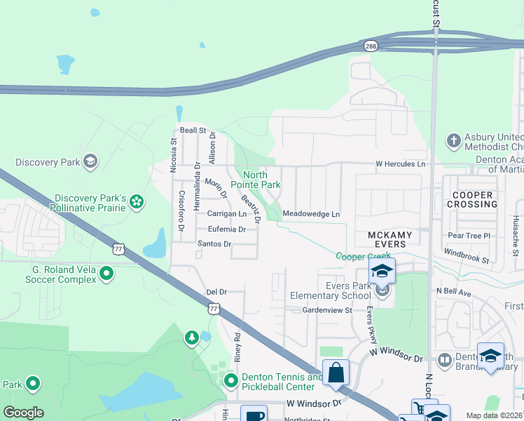 map of restaurants, bars, coffee shops, grocery stores, and more near 3601 Fallmeadow Street in Denton