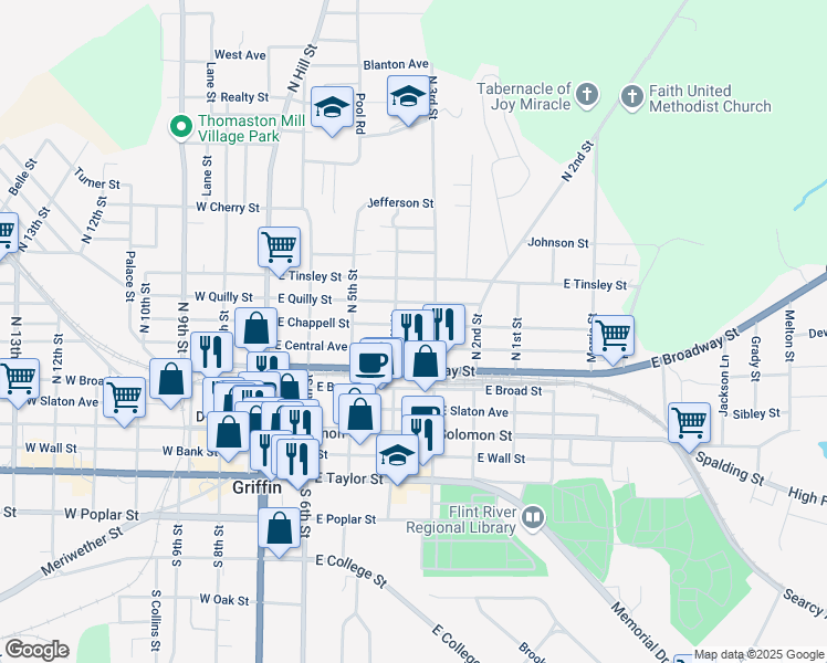 map of restaurants, bars, coffee shops, grocery stores, and more near 412 East Chappell Street in Griffin