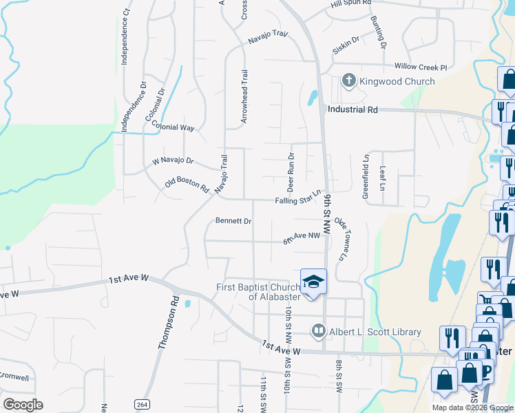 map of restaurants, bars, coffee shops, grocery stores, and more near 927 Falling Star Lane in Alabaster