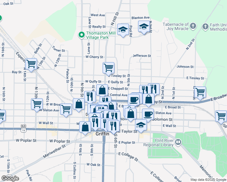 map of restaurants, bars, coffee shops, grocery stores, and more near 124 East Chappell Street in Griffin