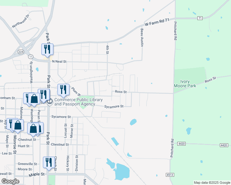 map of restaurants, bars, coffee shops, grocery stores, and more near 106 Short Ross Street in Commerce