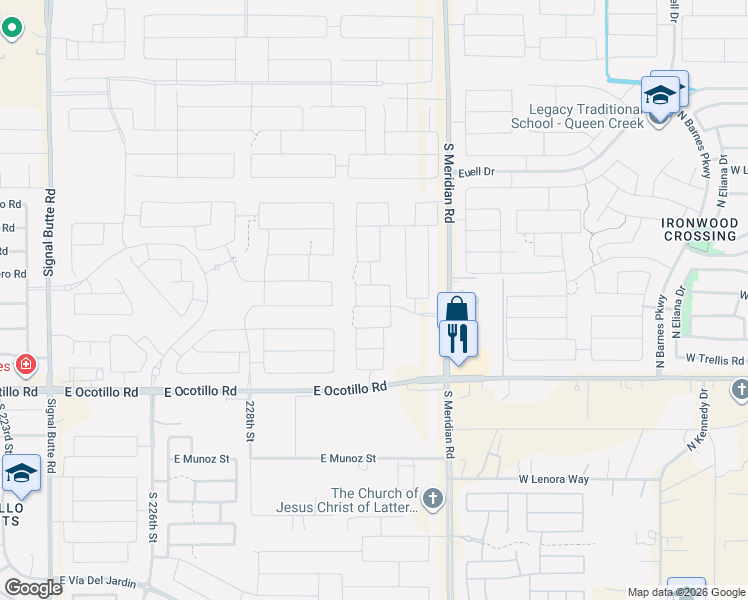 map of restaurants, bars, coffee shops, grocery stores, and more near 21617 South 229th Way in Queen Creek