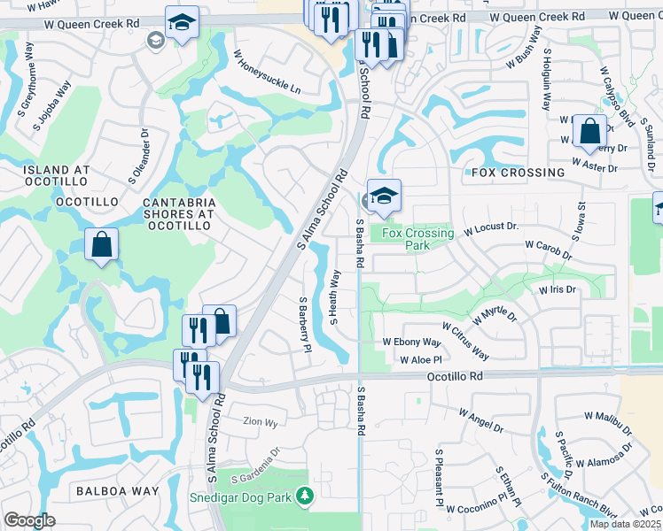 map of restaurants, bars, coffee shops, grocery stores, and more near 843 West Locust Drive in Chandler