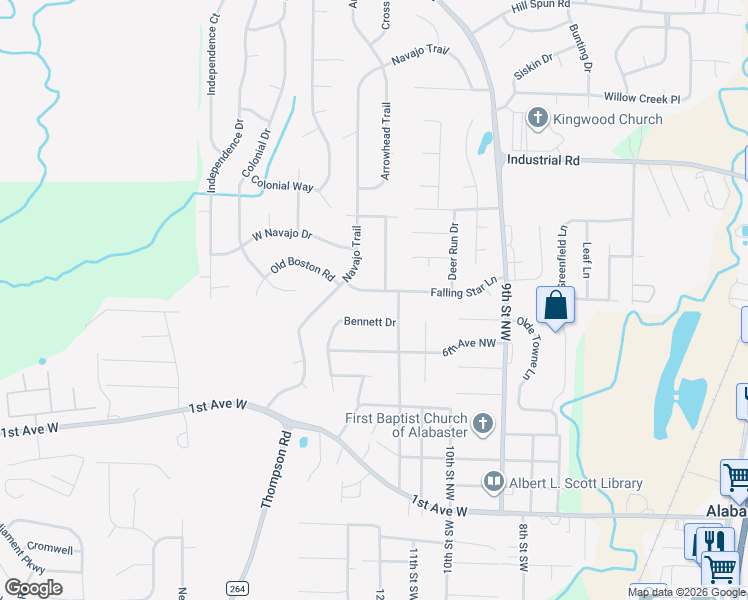 map of restaurants, bars, coffee shops, grocery stores, and more near 1229 Falling Star Lane in Alabaster