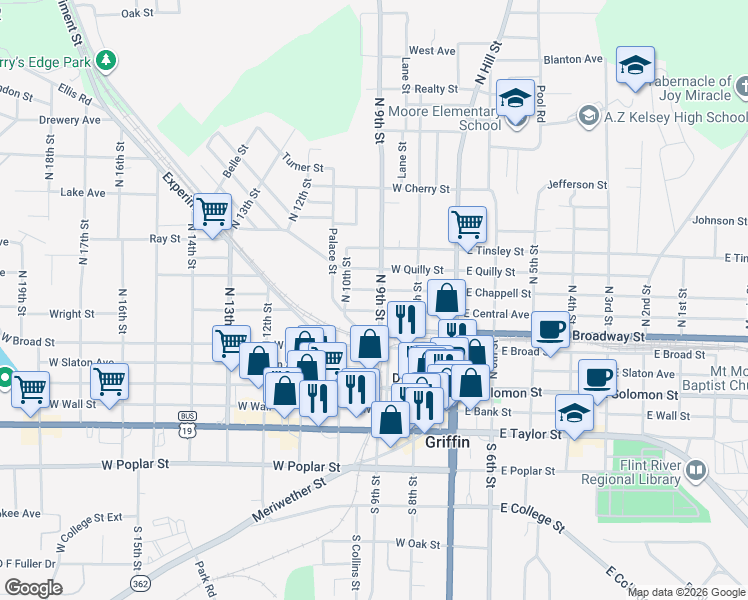 map of restaurants, bars, coffee shops, grocery stores, and more near 228 West Chappell Street in Griffin