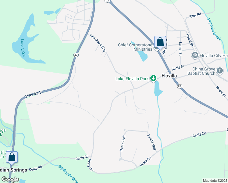map of restaurants, bars, coffee shops, grocery stores, and more near 199 Beaty Circle in Flovilla
