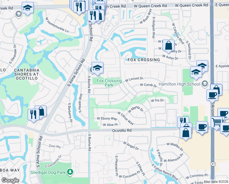 map of restaurants, bars, coffee shops, grocery stores, and more near 712 West Carob Place in Chandler