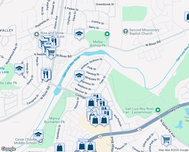 map of restaurants, bars, coffee shops, grocery stores, and more near 169 Harding Street in Oceanside