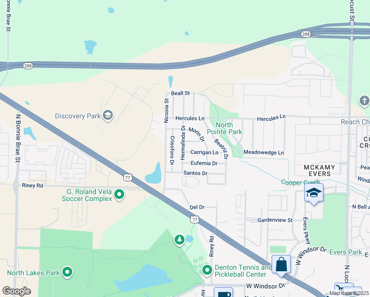 map of restaurants, bars, coffee shops, grocery stores, and more near 1532 Carrigan Lane in Denton
