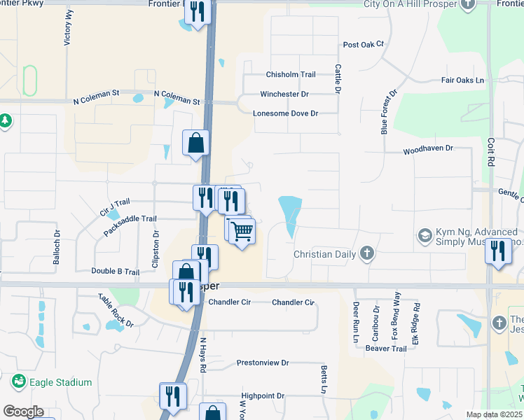 map of restaurants, bars, coffee shops, grocery stores, and more near 1400 Copper Point Drive in Prosper