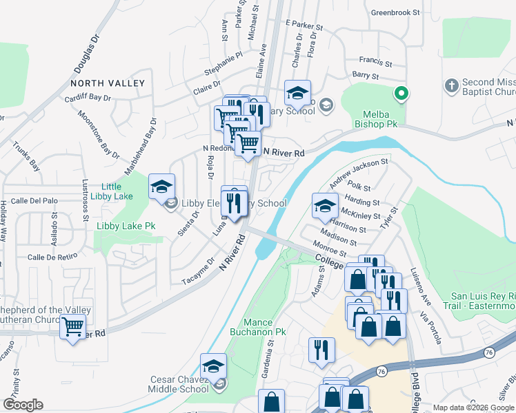map of restaurants, bars, coffee shops, grocery stores, and more near 385 Vandegrift Boulevard in Oceanside