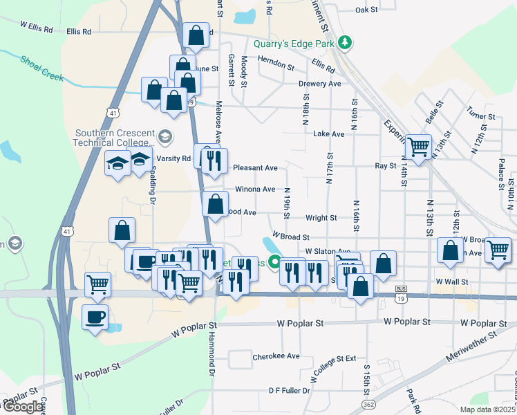 map of restaurants, bars, coffee shops, grocery stores, and more near 1221 Hillwood Avenue in Griffin