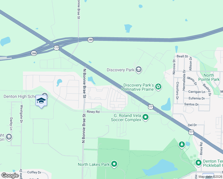 map of restaurants, bars, coffee shops, grocery stores, and more near 4001 North Elm Street in Denton